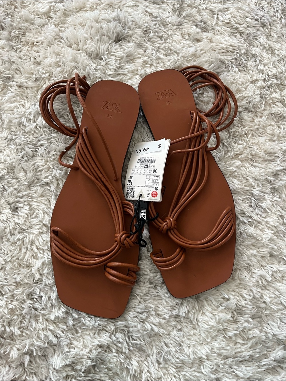 ZARA Cognac Strappy Square-Toe Lace-Up Sandals